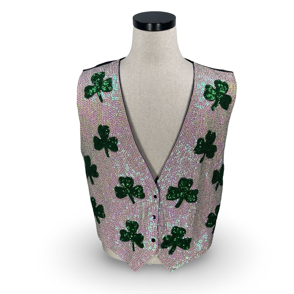 Sequin Shamrock Vest in Pink with Green Embellishments